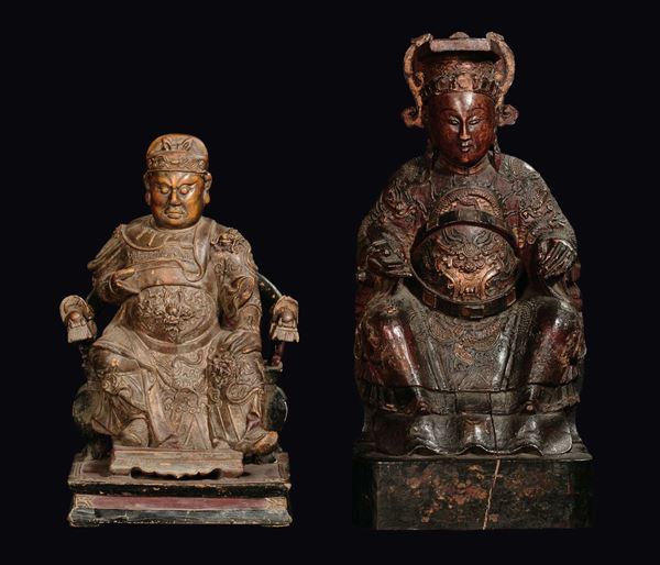 Two wood figures of dignitary on throne, China, Ming Dynasty, 17th century