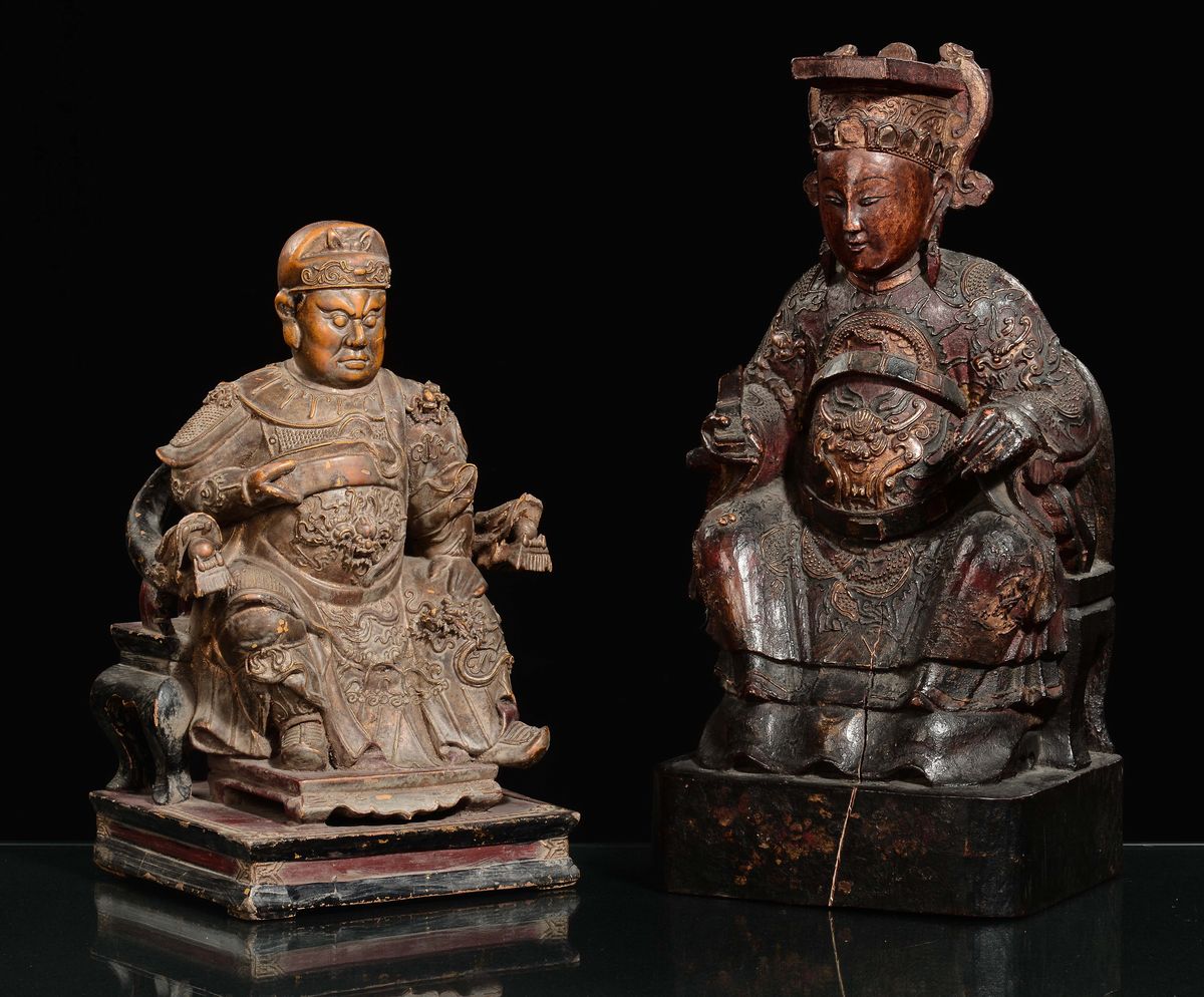 Due Dignitari in Trono in Legno, Cina, Dinastia Ming, XVII Secolo