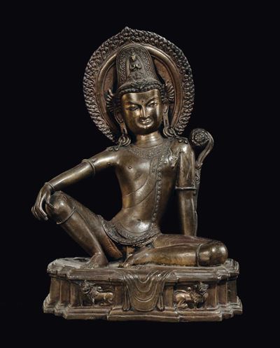 Padmapani in Bronzo con Inserti D'argento sugli Occhi, Nepal, XVIII Secolo
