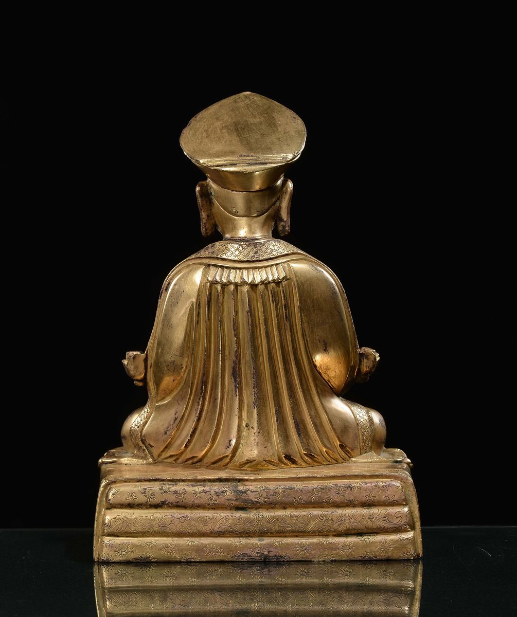 Bella Figura di Lama in Bronzo Dorato, Tibet, Fine XVII Secolo