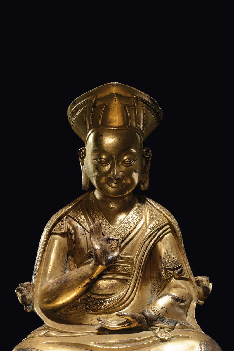 Bella Figura di Lama in Bronzo Dorato, Tibet, Fine XVII Secolo