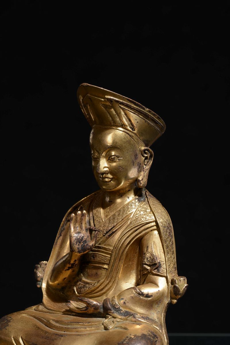 Bella Figura di Lama in Bronzo Dorato, Tibet, Fine XVII Secolo