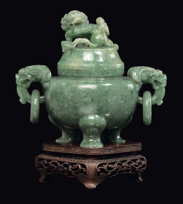 An emerald green jadeite incense burner and cover, China, Qing Dynasty, late 19th century