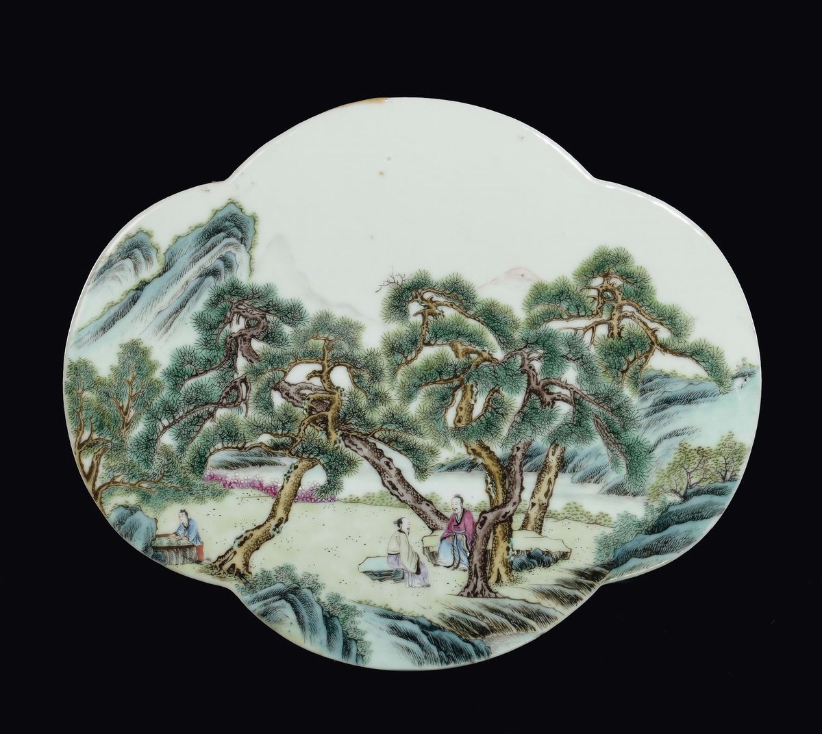 Sei Placche in Porcellana Famiglia Rosa con Paesaggi e Scene di Vita Orientale, Cina, Dinastia Qi...