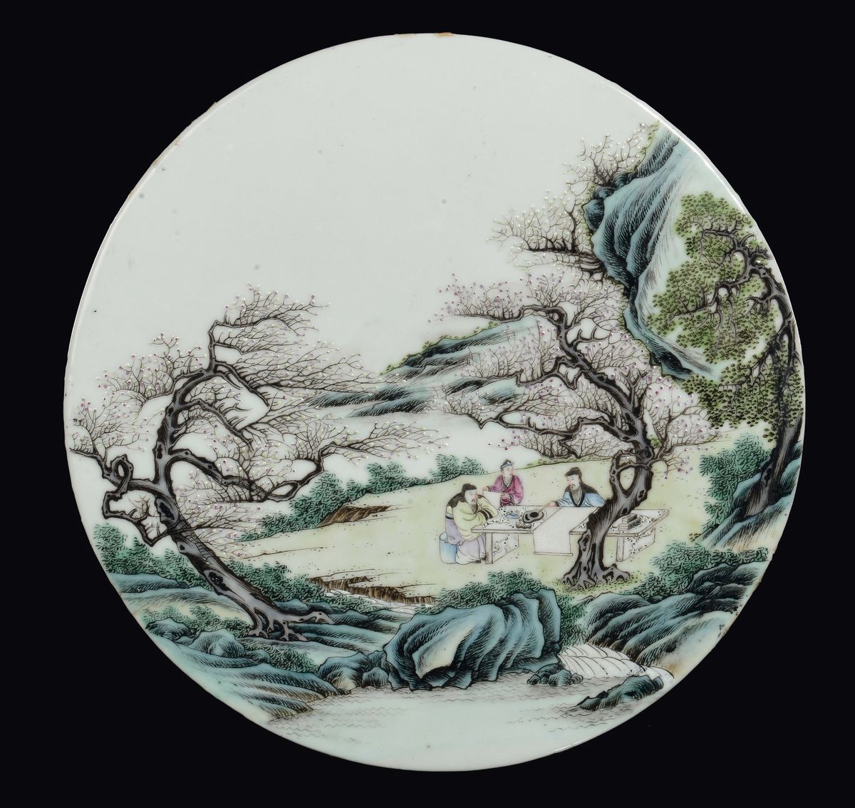 Sei Placche in Porcellana Famiglia Rosa con Paesaggi e Scene di Vita Orientale, Cina, Dinastia Qi...