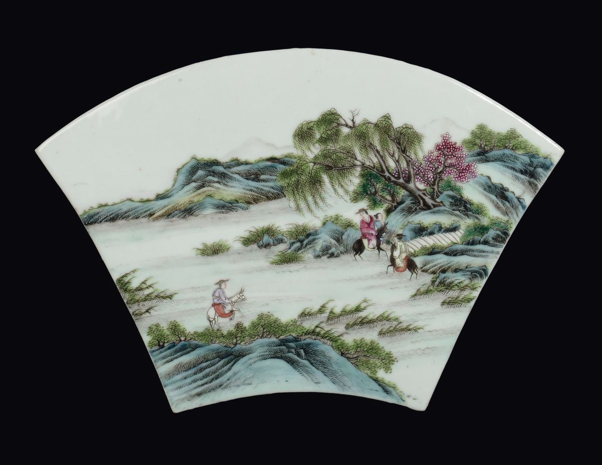 Sei Placche in Porcellana Famiglia Rosa con Paesaggi e Scene di Vita Orientale, Cina, Dinastia Qi...