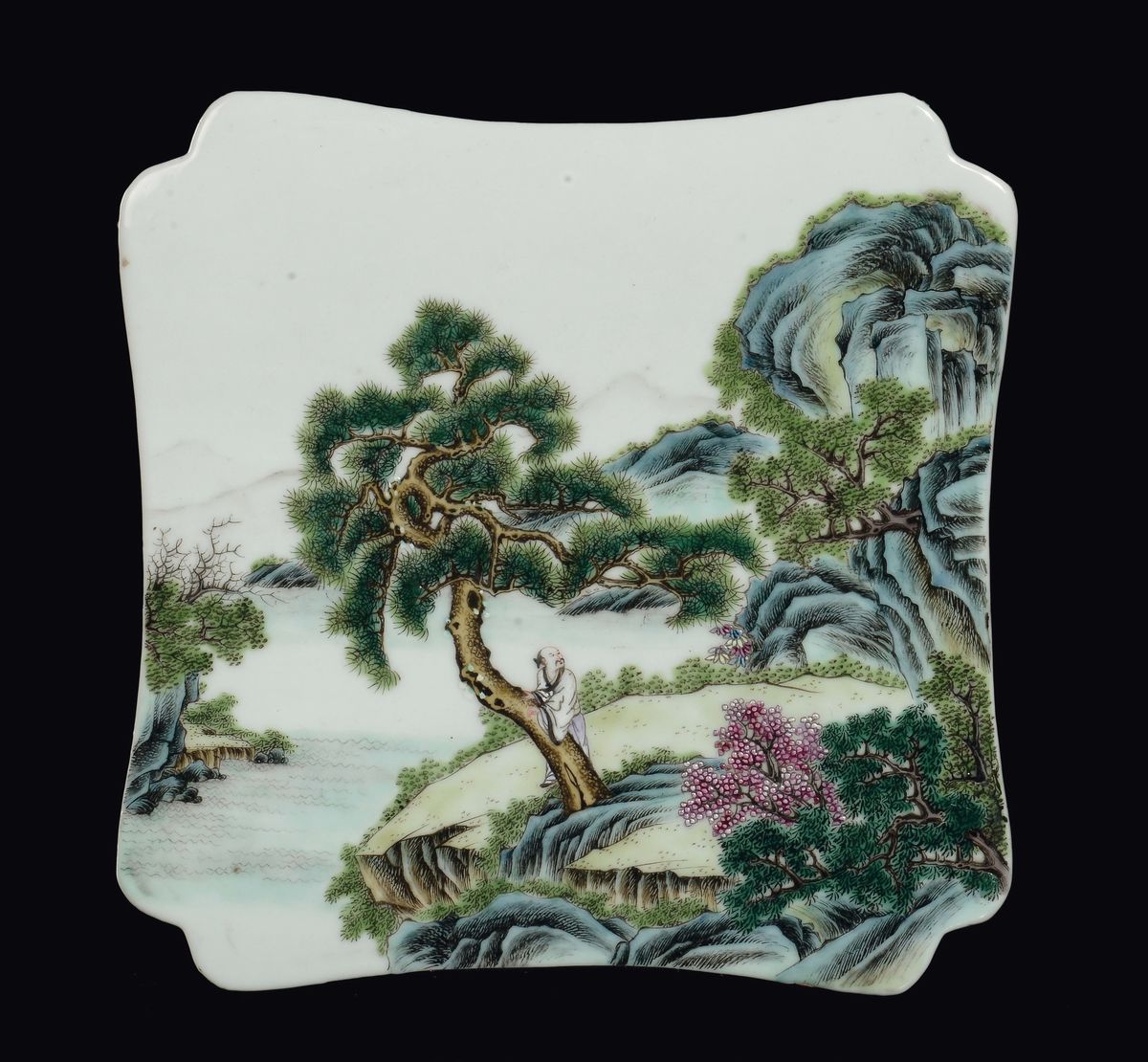 Sei Placche in Porcellana Famiglia Rosa con Paesaggi e Scene di Vita Orientale, Cina, Dinastia Qi...