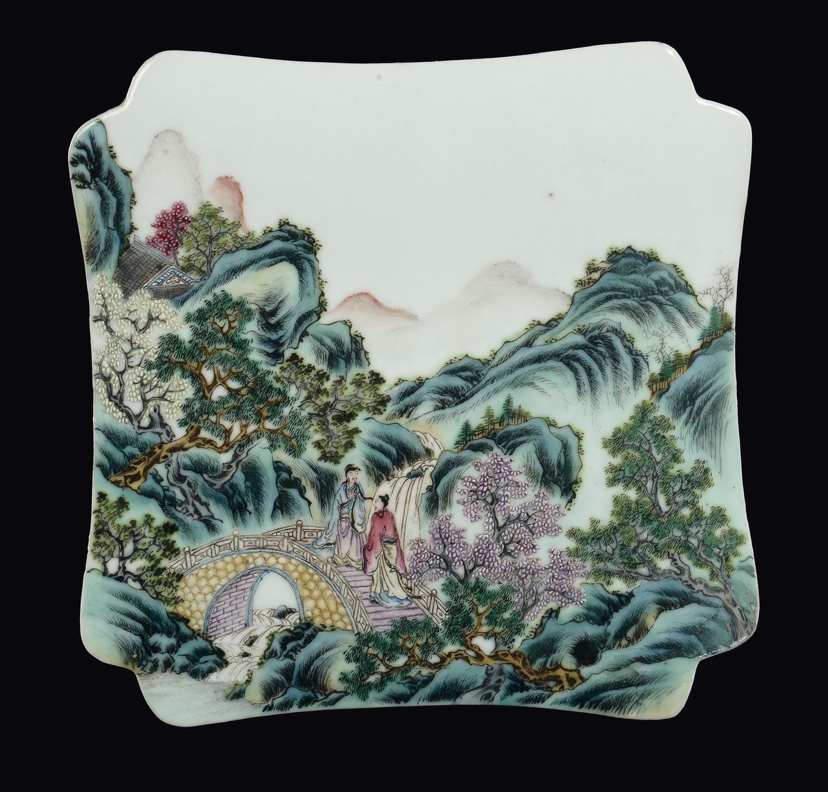 Sei Placche in Porcellana Famiglia Rosa con Paesaggi e Scene di Vita Orientale, Cina, Dinastia Qi...