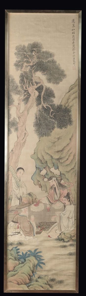 Coppia di pannelli con personaggi e piccole iscrizioni, Cina, Dinastia Qing, XIX secolo