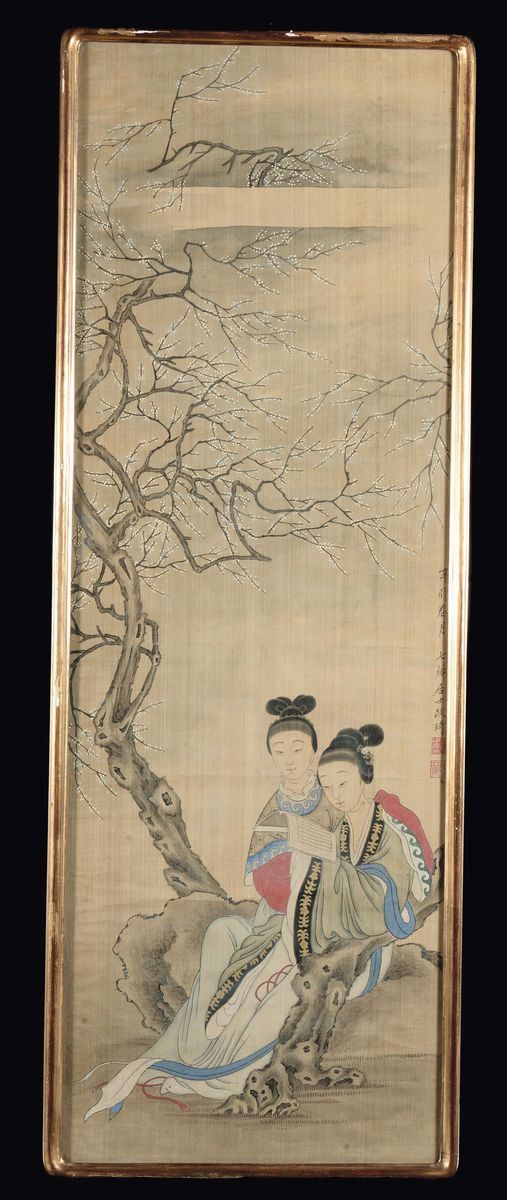 A painted panel depicting a couple of Guanyin seated under a tree with inscriptions, China, Qing Dynasty, 19th century