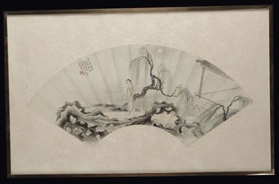 Dipinto su Carta a Forma di Ventaglio con Guanyin e Piccola Iscrizione, Cina, Dinastia Qing, XIX ...