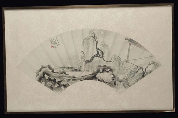 Painted on paper in the shape of a fan with Guanyin and small inscription, China, Qing Dynasty, 19th century