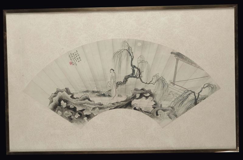 Dipinto su carta a forma di ventaglio con Guanyin e piccola iscrizione, Cina, Dinastia Qing, XIX secolo  - Asta Fine Chinese Works of Art - II - Cambi Casa d'Aste