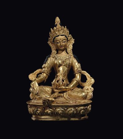 Figura di Amitaya in Bronzo Dorato Seduta su Fiore di Loto, Tibet, XX Secolo
