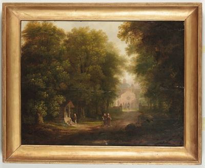 Giuseppe Canella (1837-1913), Attribuito Agiardino di un Monastero con Figure