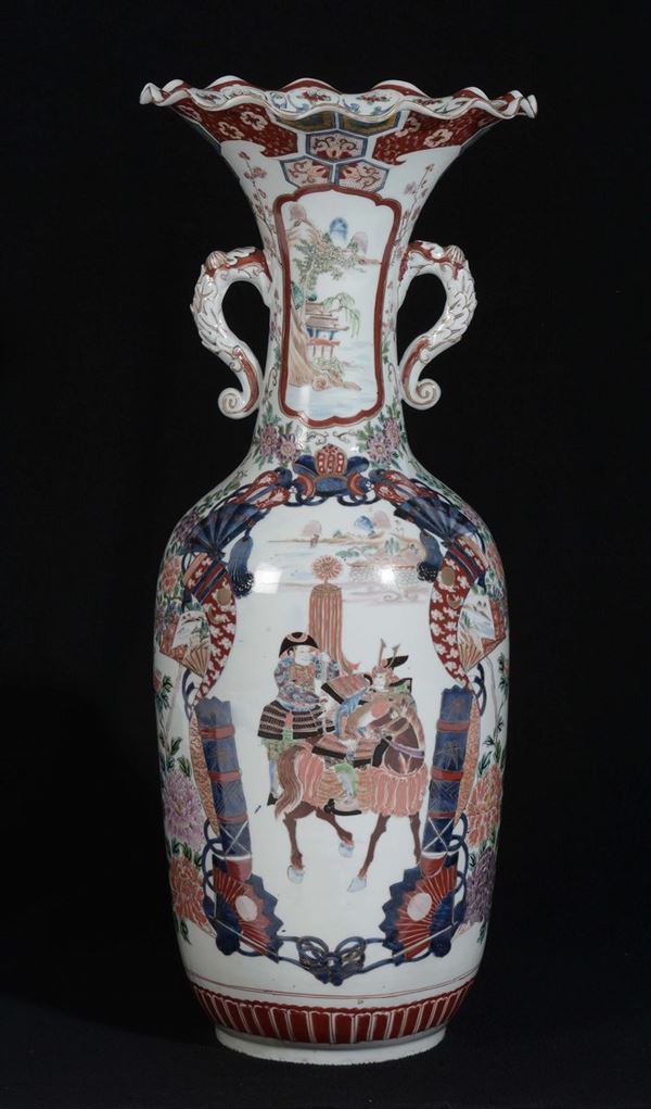 A polychrome porcelain vase with warriors within reserves, Japan, 19th century