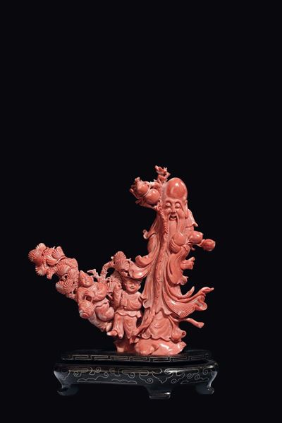 Gruppo in Corallo con Saggio e Fanciulli, Cina, Dinastia Qing, Fine XIX Secolo