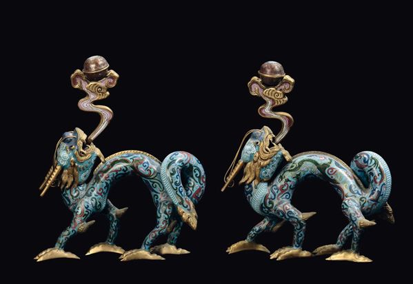 A pair of cloisonnè dragons, China, Qing Dynasty, late 19th century