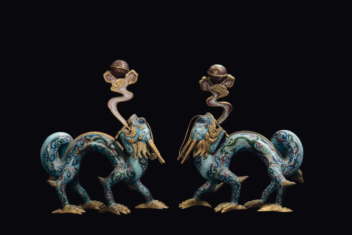 Coppia di Draghi Cloisonnè, Cina, Dinastia Qing, Fine XIX Secolo