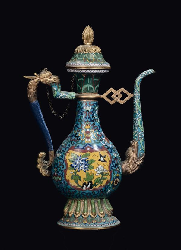A cloisonné ewer with handle in the shape of a dragon, China, Qing Dynasty, 19th century