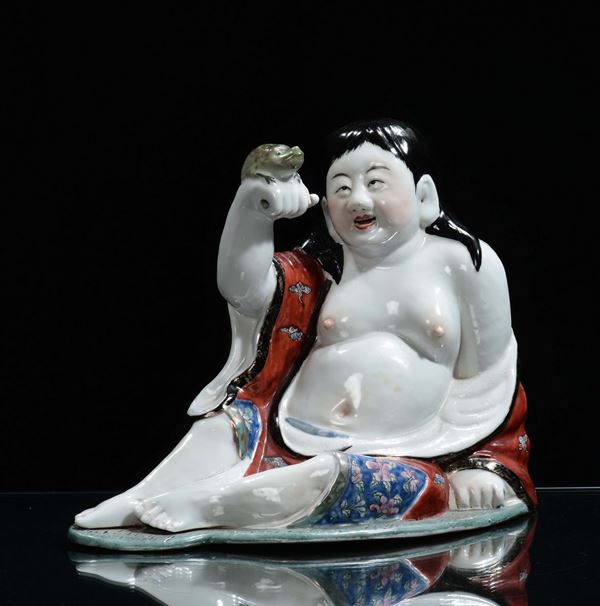 A polychrome porcelain budai with frog, China, Republic, 20th century