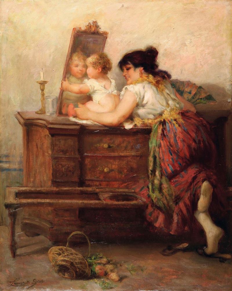 Egisto Lancerotto (1847-1916) Lo specchio  - Asta Dipinti del XIX e XX secolo - Cambi Casa d'Aste