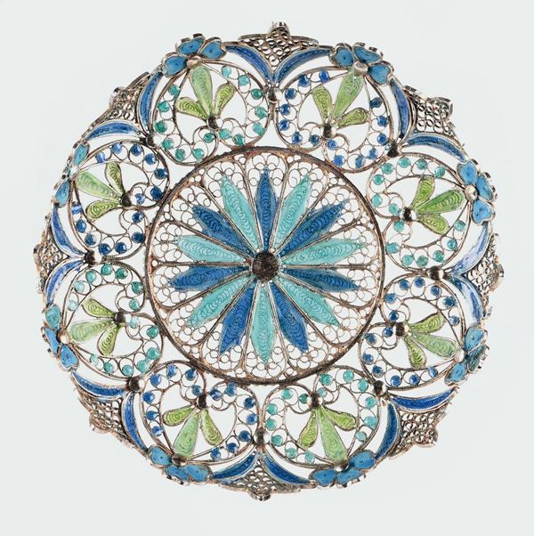 A small silver filigree and polychrome enamels dish, Genoa 20th century
