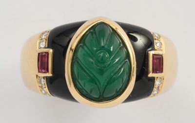 Cartier, Anello Firmato con Smalto Nero e Smeraldo