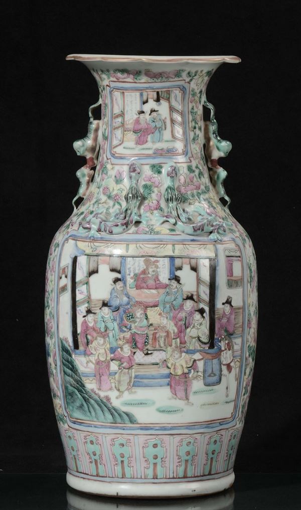 Canton polychrome porcelain vase with court life scenes within reserves, China, Qing Dynasty, late 19th century