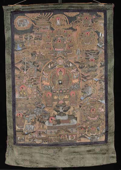 Tanka a Fondo Blu e Oro con Buddha e Altre Divinità, Tibet, XIX Secolo