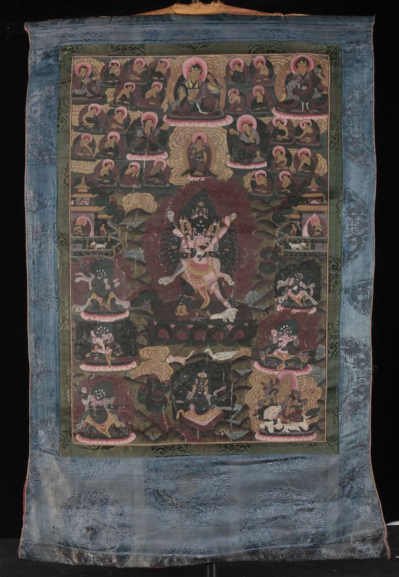 Tanka depicting Mahakala and other deities, Tibet, 20th century  - Auction Chinese Works of Art - Cambi Casa d'Aste
