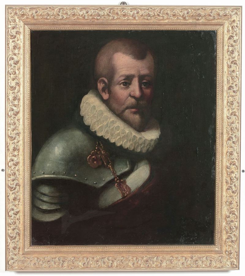 Scuola Italiana del XVII secolo Ritratto maschile con armatura  - Asta Arredi dalle dimore degli eredi Ercole Marelli e altre provenienze - Cambi Casa d'Aste