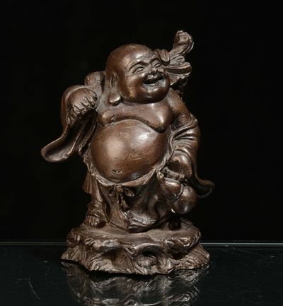 Budai in Bronzo con Fiasca e Bastone, Cina XX Secolo