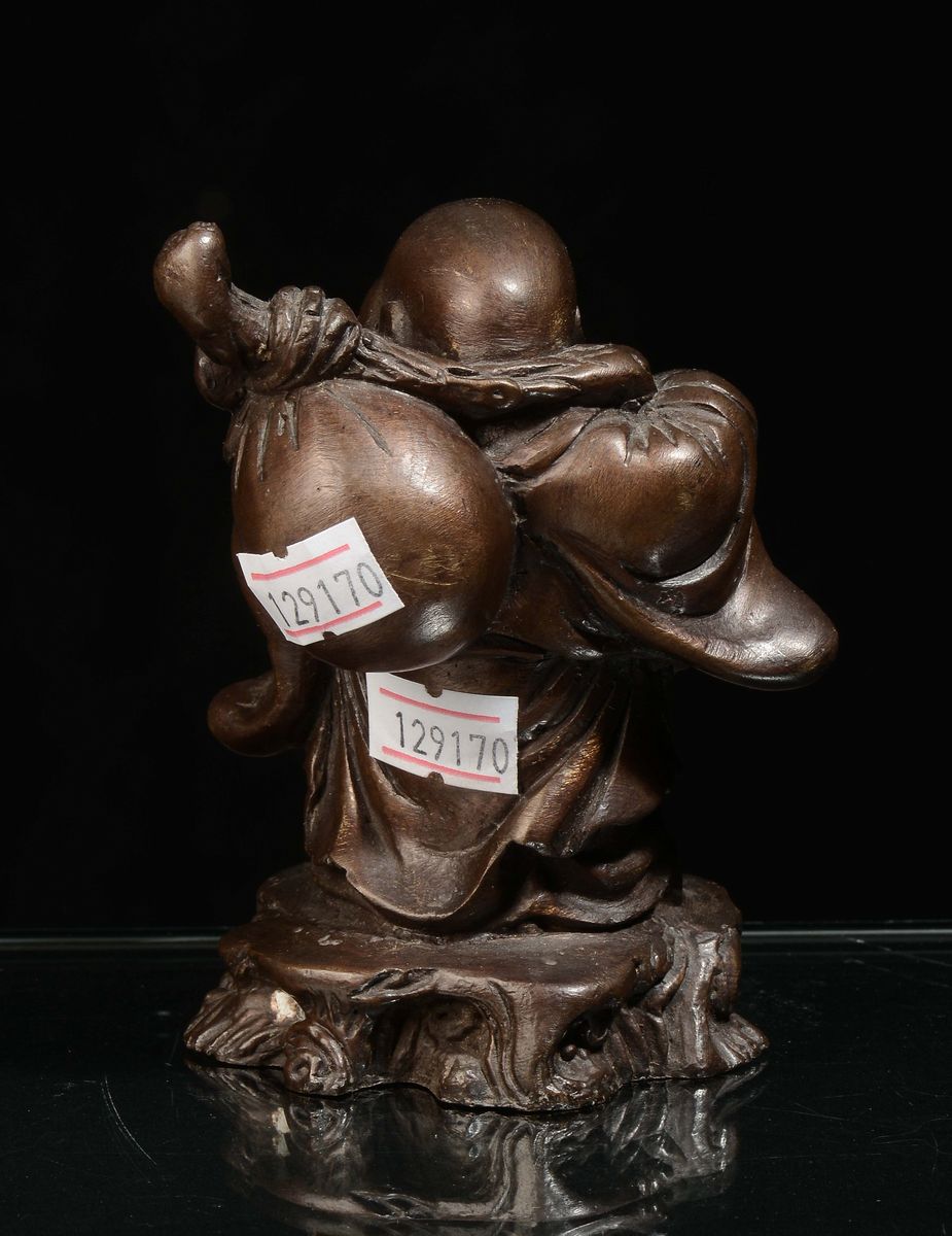Budai in Bronzo con Fiasca e Bastone, Cina XX Secolo