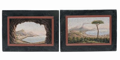 Coppia di Micromosaici Raffiguranti Paesaggi Costieri, XIX Secolo