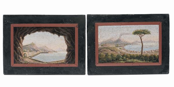 Coppia di micromosaici raffiguranti paesaggi costieri, XIX secolo