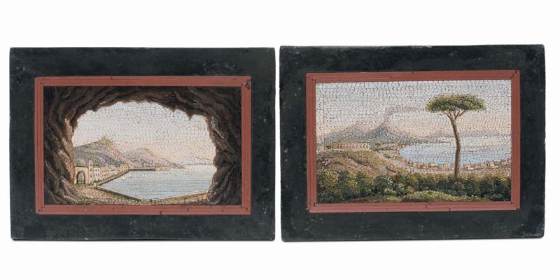 Coppia di micromosaici raffiguranti paesaggi costieri, XIX secolo  - Auction Fine Arts from refined private house - Cambi Casa d'Aste