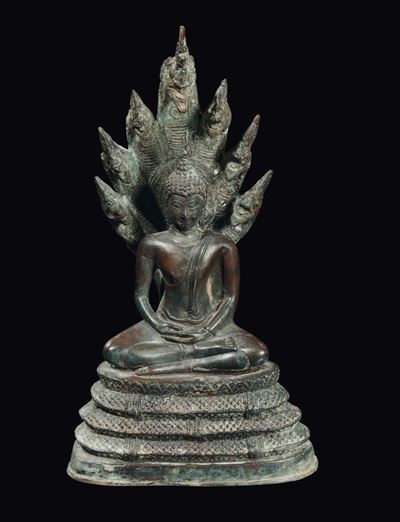 Figura di Buddha in Bronzo con Aura, Thailandia, XIX Secolo