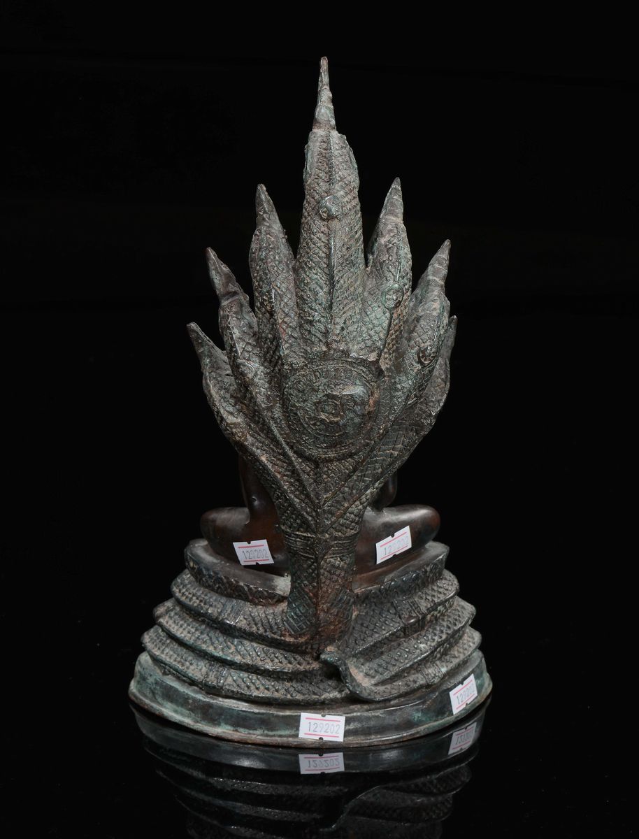 Figura di Buddha in Bronzo con Aura, Thailandia, XIX Secolo