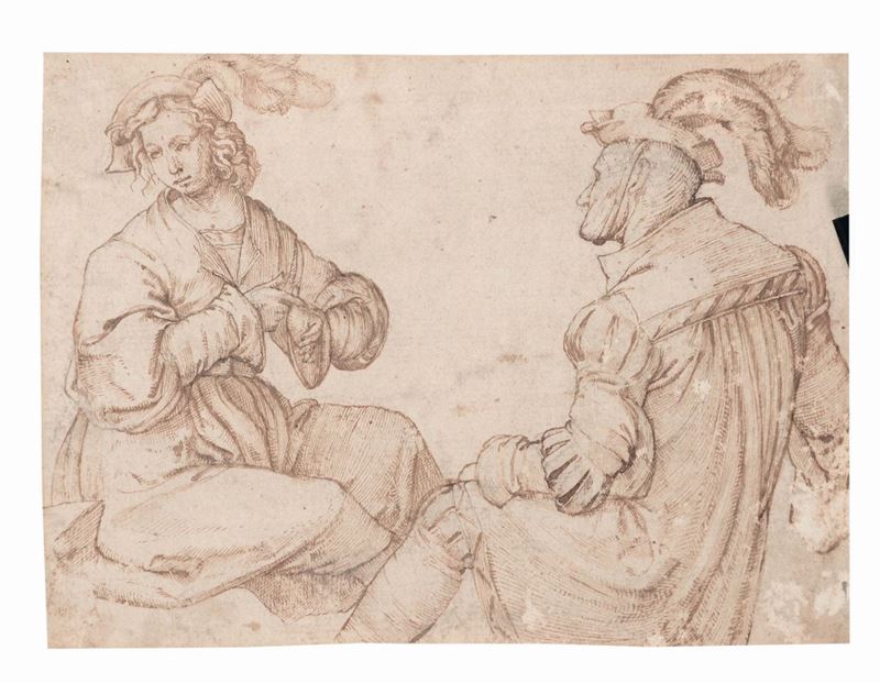 Scuola del XVI secolo Due figure in conversazione  - Asta Dipinti Antichi - Cambi Casa d'Aste