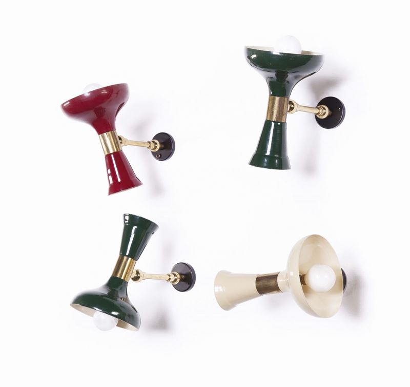 Quattro appliques in alluminio laccato e ottone lucido  - Asta Design - Cambi Casa d'Aste