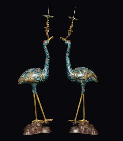 Coppia di Grandi Cicogne in Metallo e Smalti Cloisonnè, Cina, Dinastia Qing, XIX Secolo