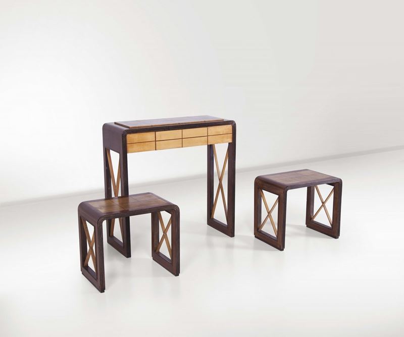 Toeletta e coppia di sgabelli in legno ebanizzato  - Auction Design - Cambi Casa d'Aste