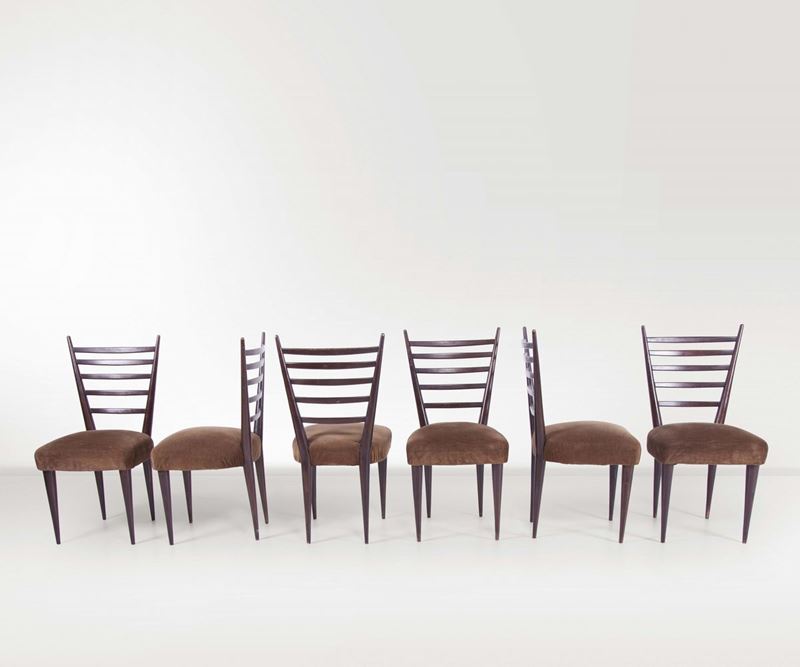 Sei sedie in legno con rivestimenti in velluto  - Auction Design - Cambi Casa d'Aste