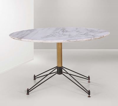 Tavolino con Struttura in Ottone e Metallo Verniciato e Piano in Marmo.