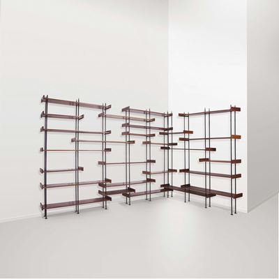 Libreria Modulabile in Mogano Massello e Metallo Verniciato