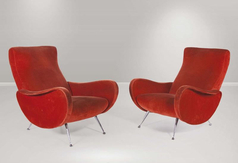 Coppia di poltrone in metallo con rivestimenti in velluto  - Asta Design - Cambi Casa d'Aste