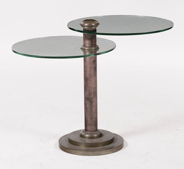 Tavolino in ottone con due ripiani rotanti in vetro