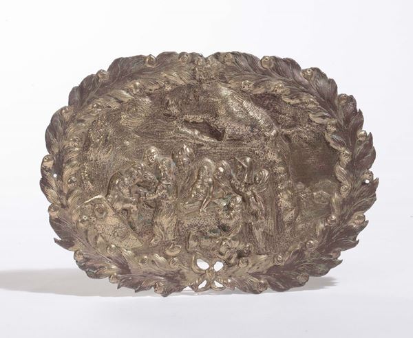 Ventola in rame sbalzato e dorato con deposizione, XVII secolo