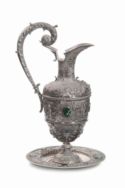 Monumentale Brocca e Piatto in Argento con Applicazioni in Malachite